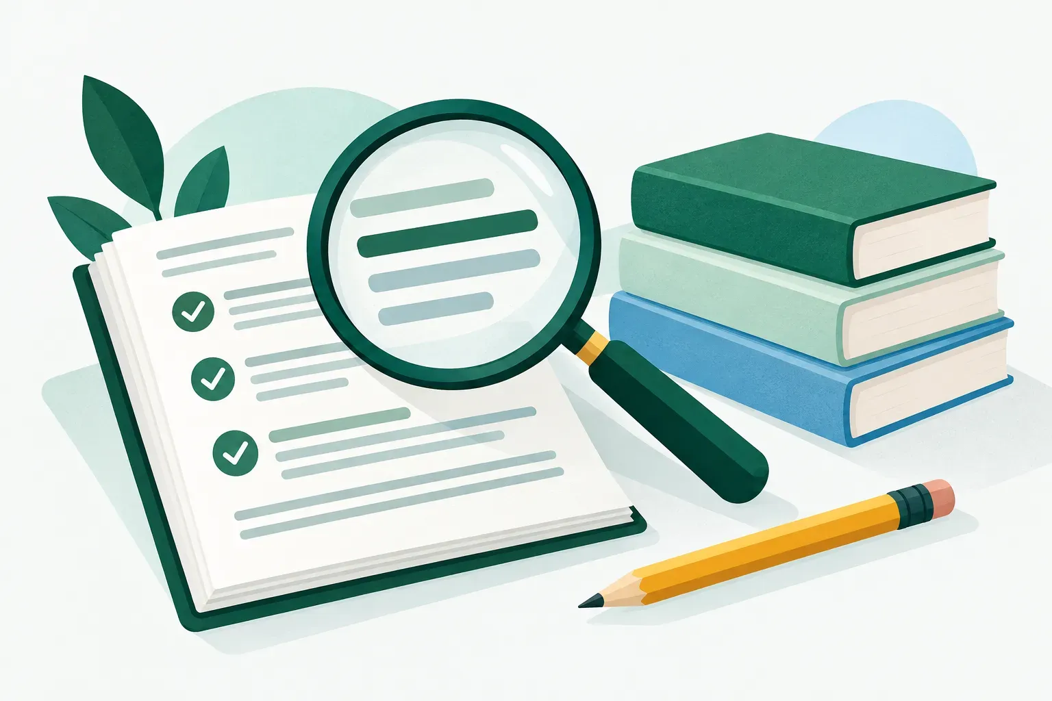 A magnifying glass over a manual page with check marks beside the lines