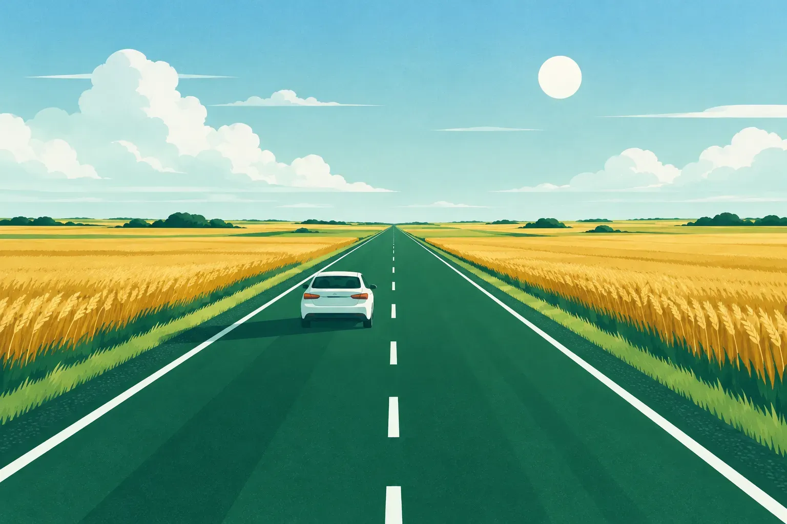 A straight highway through golden wheat fields, a typical landscape of Kansas