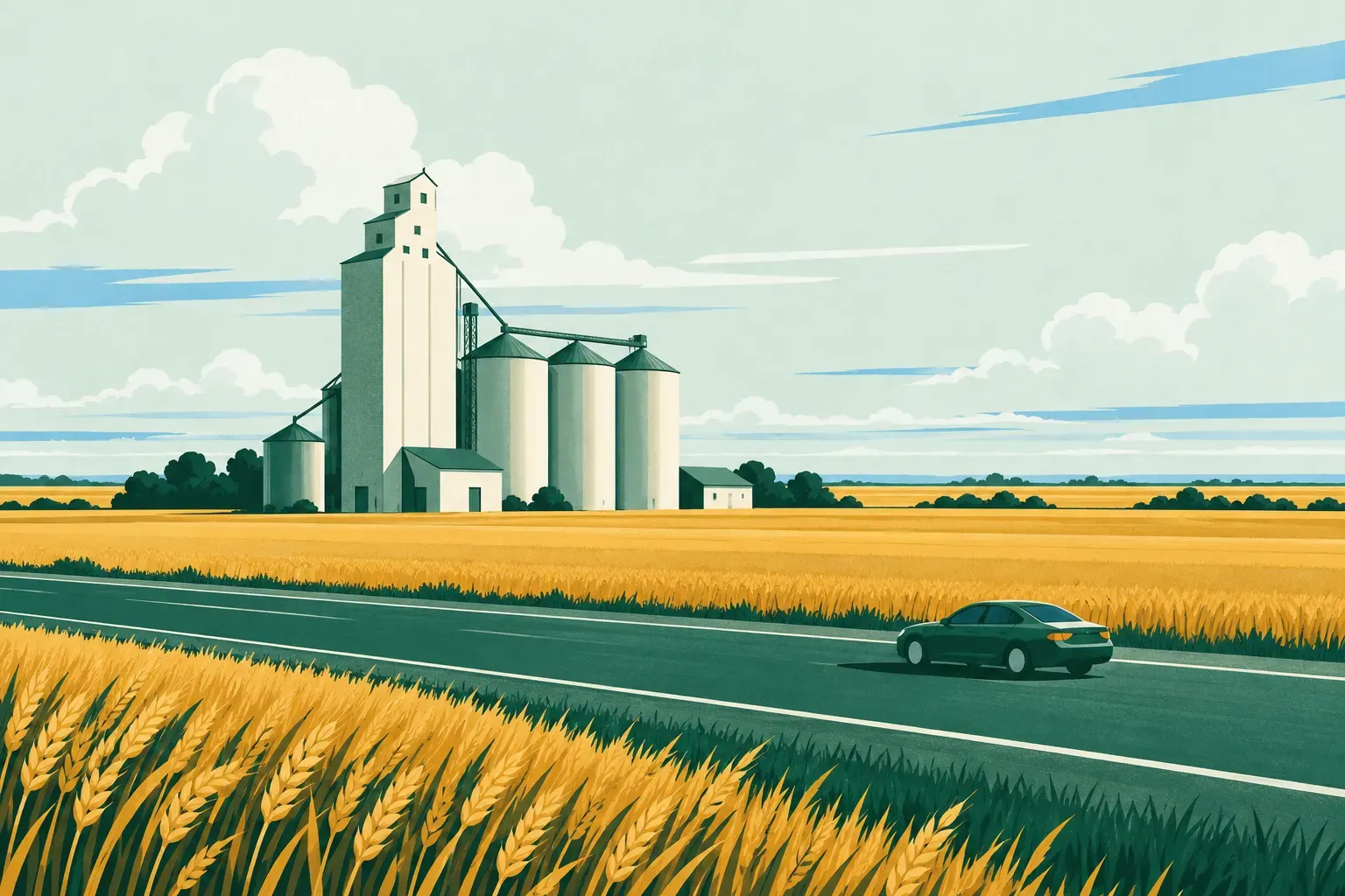 Golden wheat fields under a big sky with a tall grain elevator, in Kansas